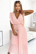 Robe cocktail Numoco mousseline de soie plissée encolure enveloppante volants épaules chaîne dorée taille européenne soirée femme