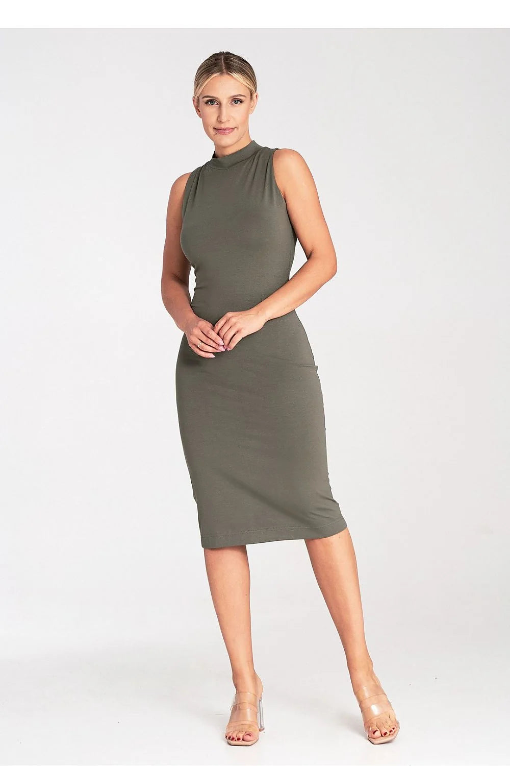 robe Figl midi ajustée sans manches col montant vert olive viscose elastane jersey stretch minimaliste élégant confortable polyvalent