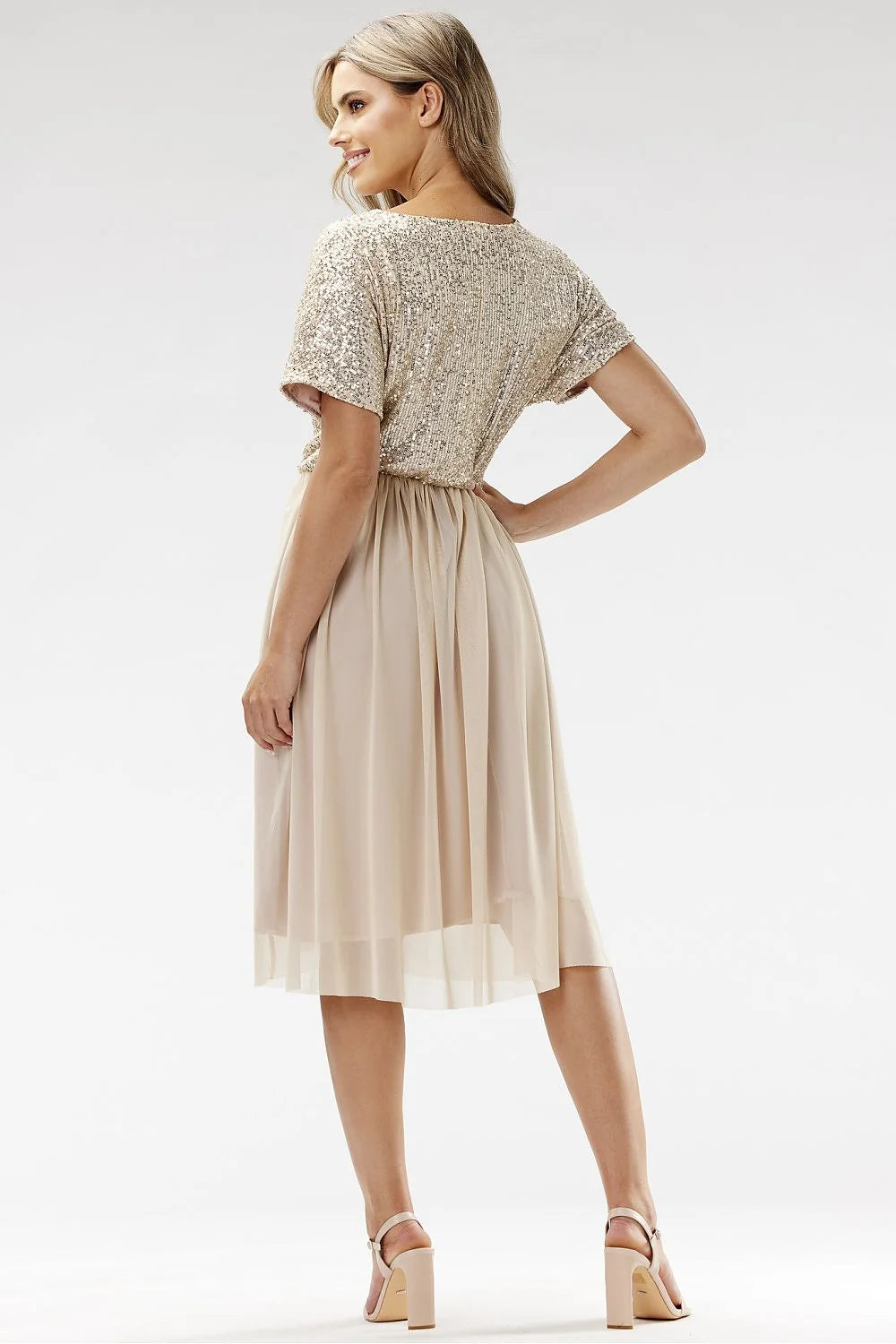 Robe de soirée élégante longueur midi manches courtes paillettes dorées tulle doublé Awama femme occasion spéciale