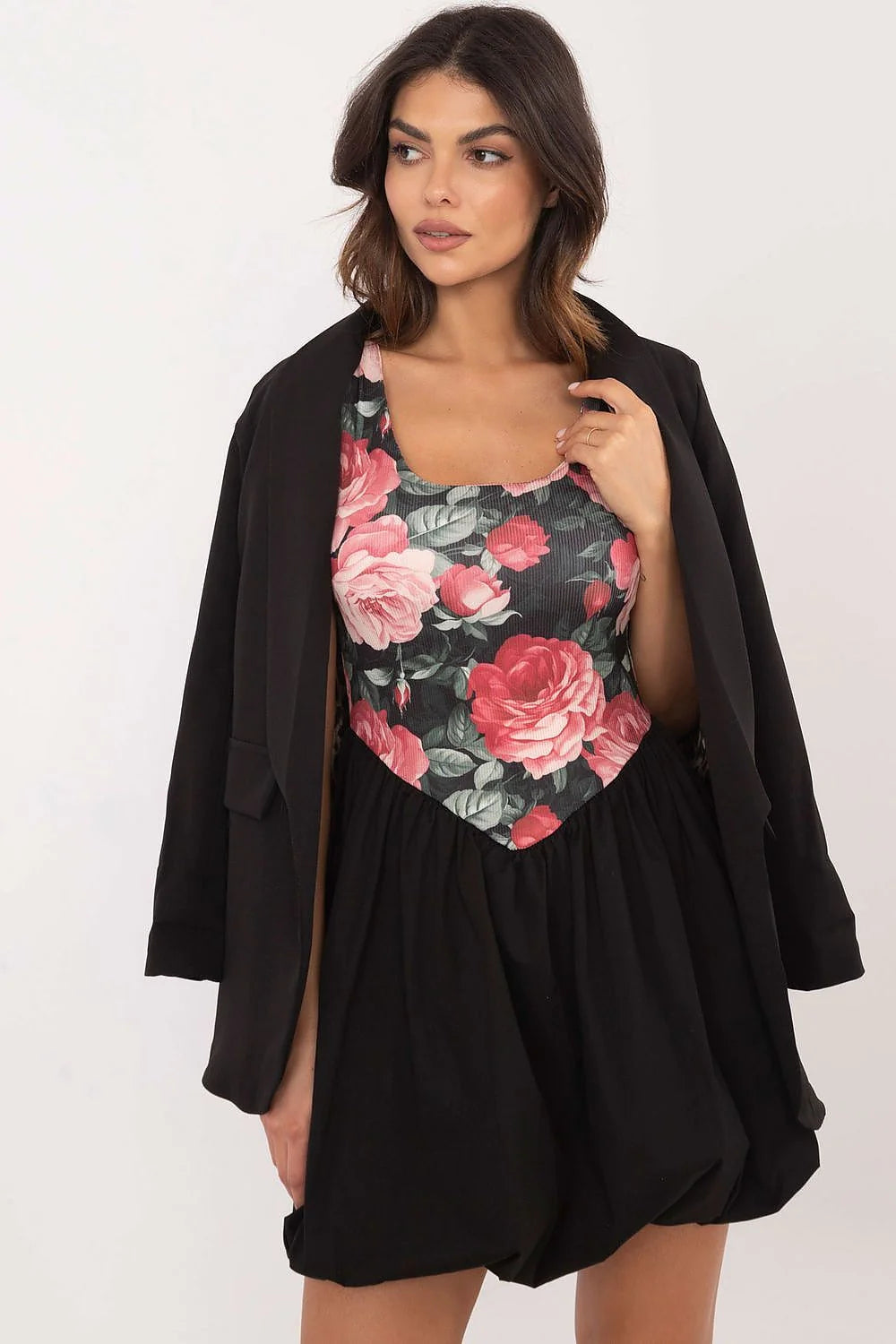 Robe bicolore floral bustier ajusté blazer assorti matière légère femmes