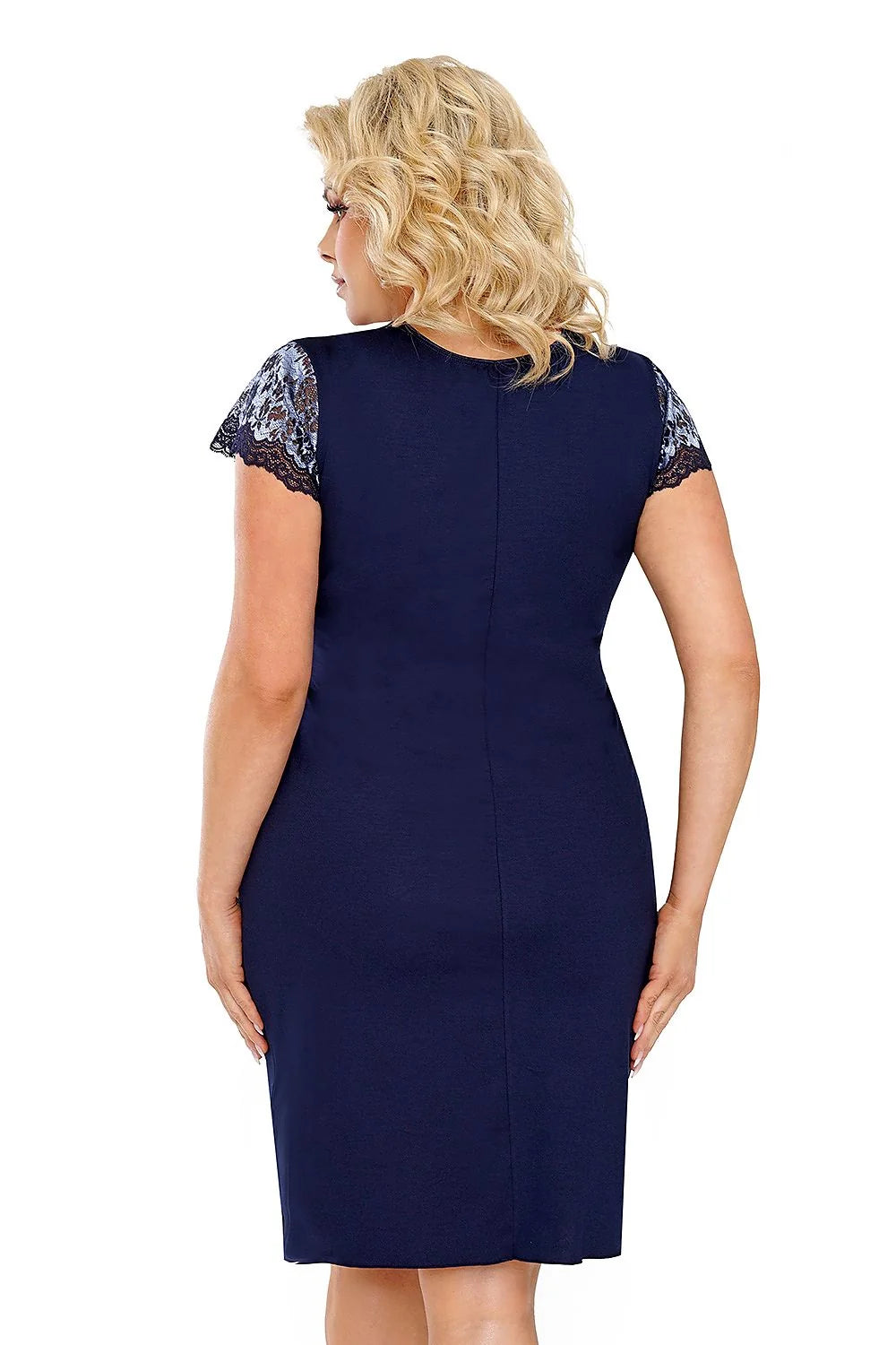 Chemise de nuit élégante grande taille dentelle bleu marine manches courtes décolleté V dos nu femmes