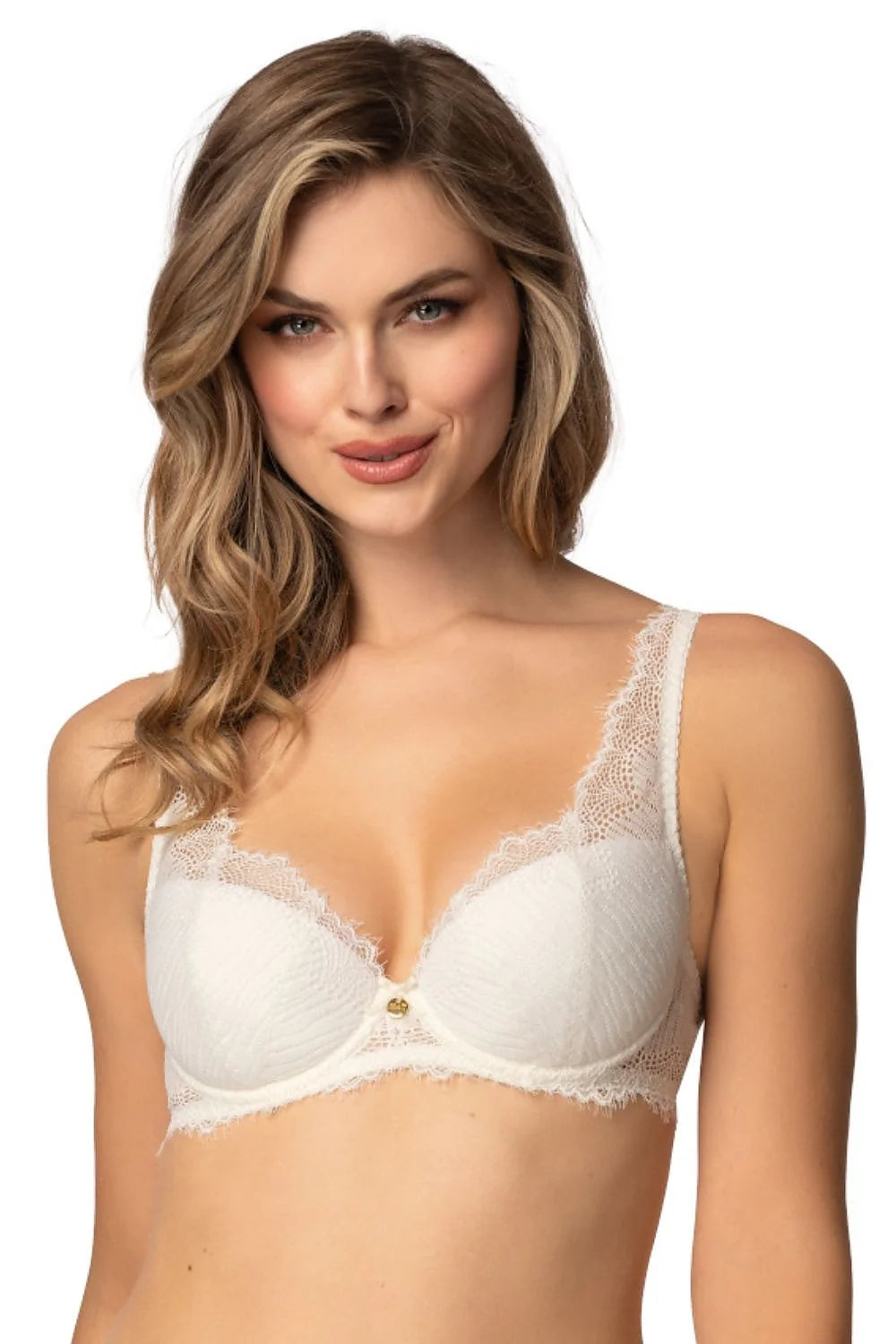 soutiengorge pushup ivoire dentelle tulle festonnée bijou doré central armatures bonnets moulés galbe maintien sculptant bretelles réglables confortable élégant sensuel