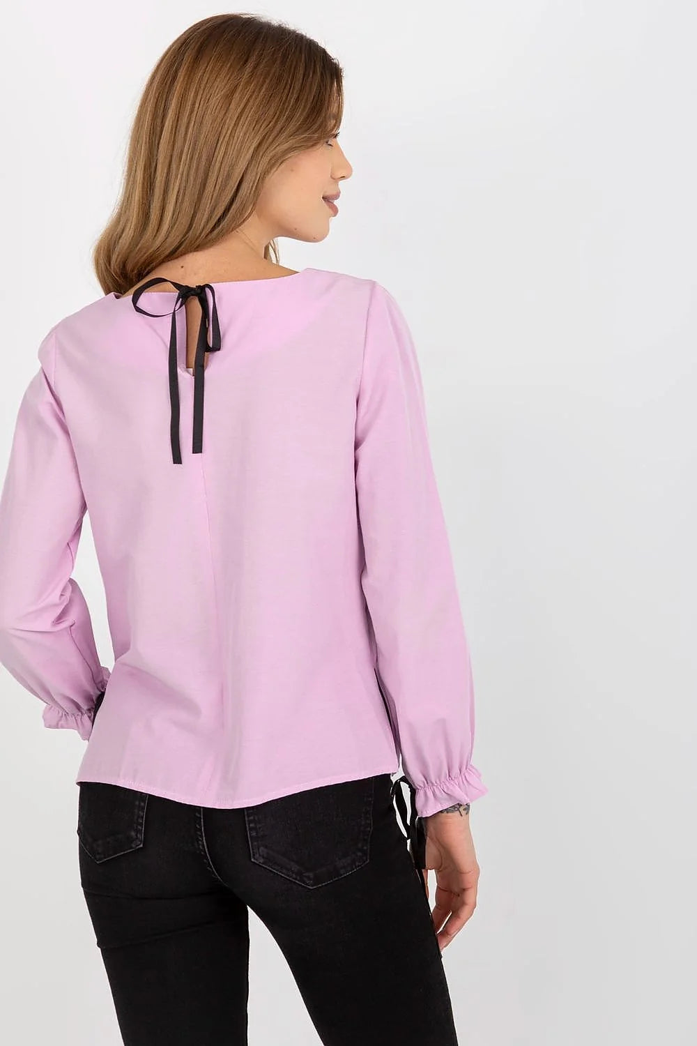 Chemisier Lakerta élégant pour femme manches longues dentelle noire rubans poignets tissu coton 100 % ajusté silhouette