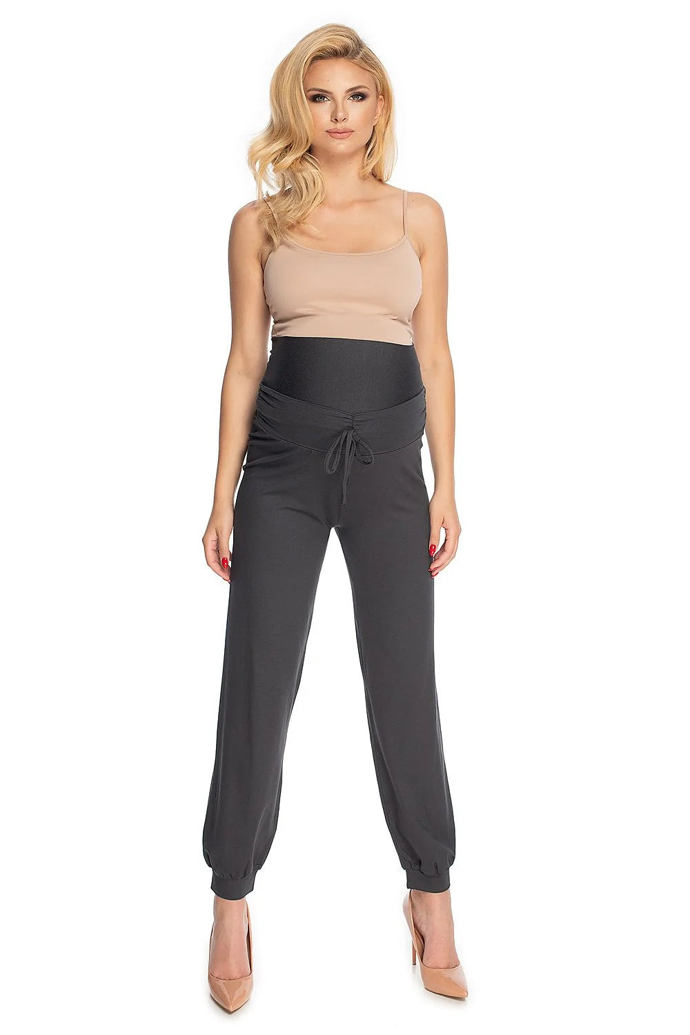 Pantalon femme Pee Ka Boo anthracite moderne survêtement maternité ample élasthanne viscosé taille haute ajustable ceinture cordon chevilles élastique