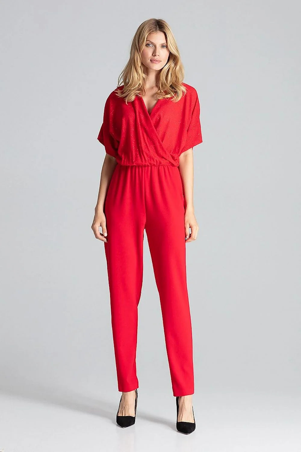 combinaison femme rouge vif cachecoeur manches kimono courtes taille elastique coupe fuselée longue fluide extensible élégante