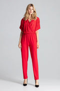 combinaison femme rouge vif cachecoeur manches kimono courtes taille elastique coupe fuselée longue fluide extensible élégante