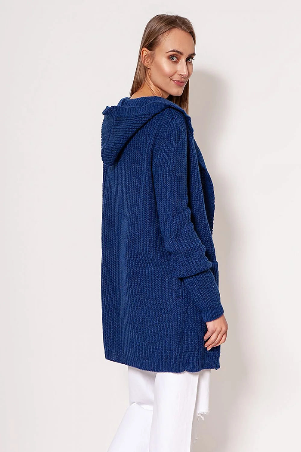 Cardigan long ouvert pour femme en tricot maille rouge vif coupe ample épaules tombantes manches longues poches intégrées matières mixtes acrylique polyester laine