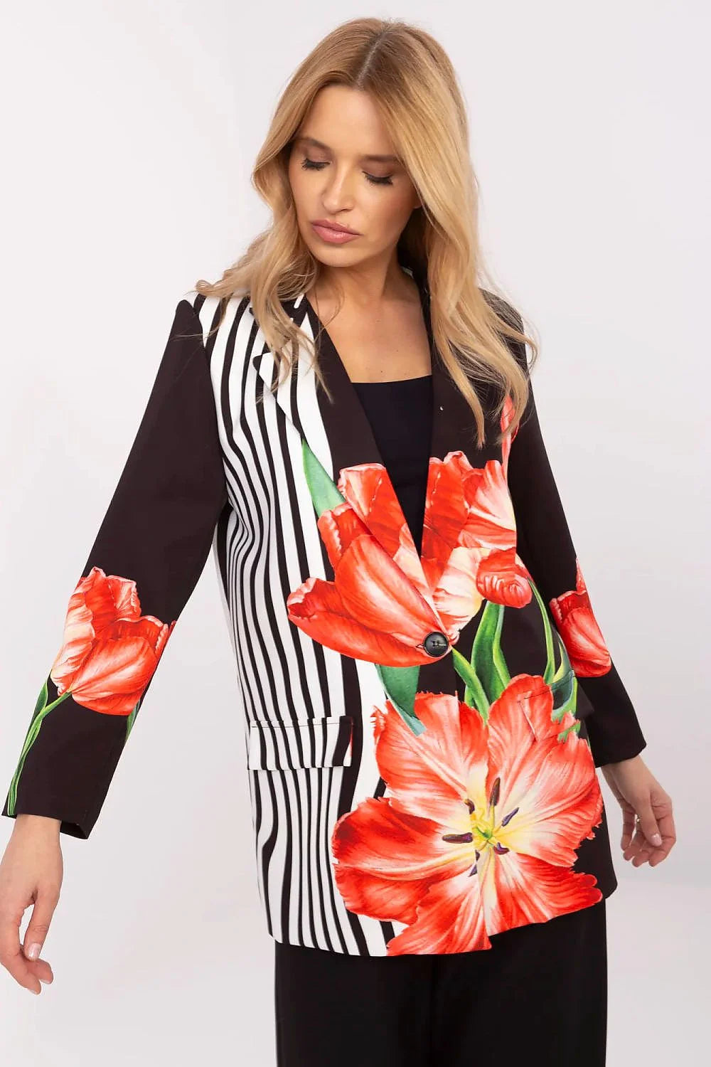 Blazer audacieux pour femme motif floral tulipes noires et blanches coupe droite manches longues tissu polyester viscose occasionnels élégance