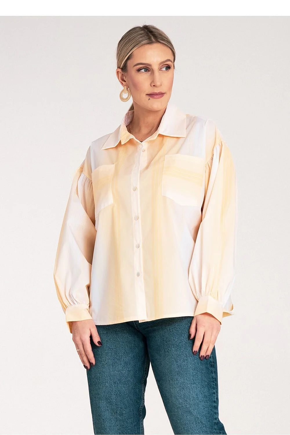 Chemise manche longue Figl motif rayures élégante femme polyester 100% ample col classique poches asymétriques