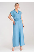 Combinaison Figl élégante moderne femme couleur bleu uni ceinture fleur tissu léger manches courtes