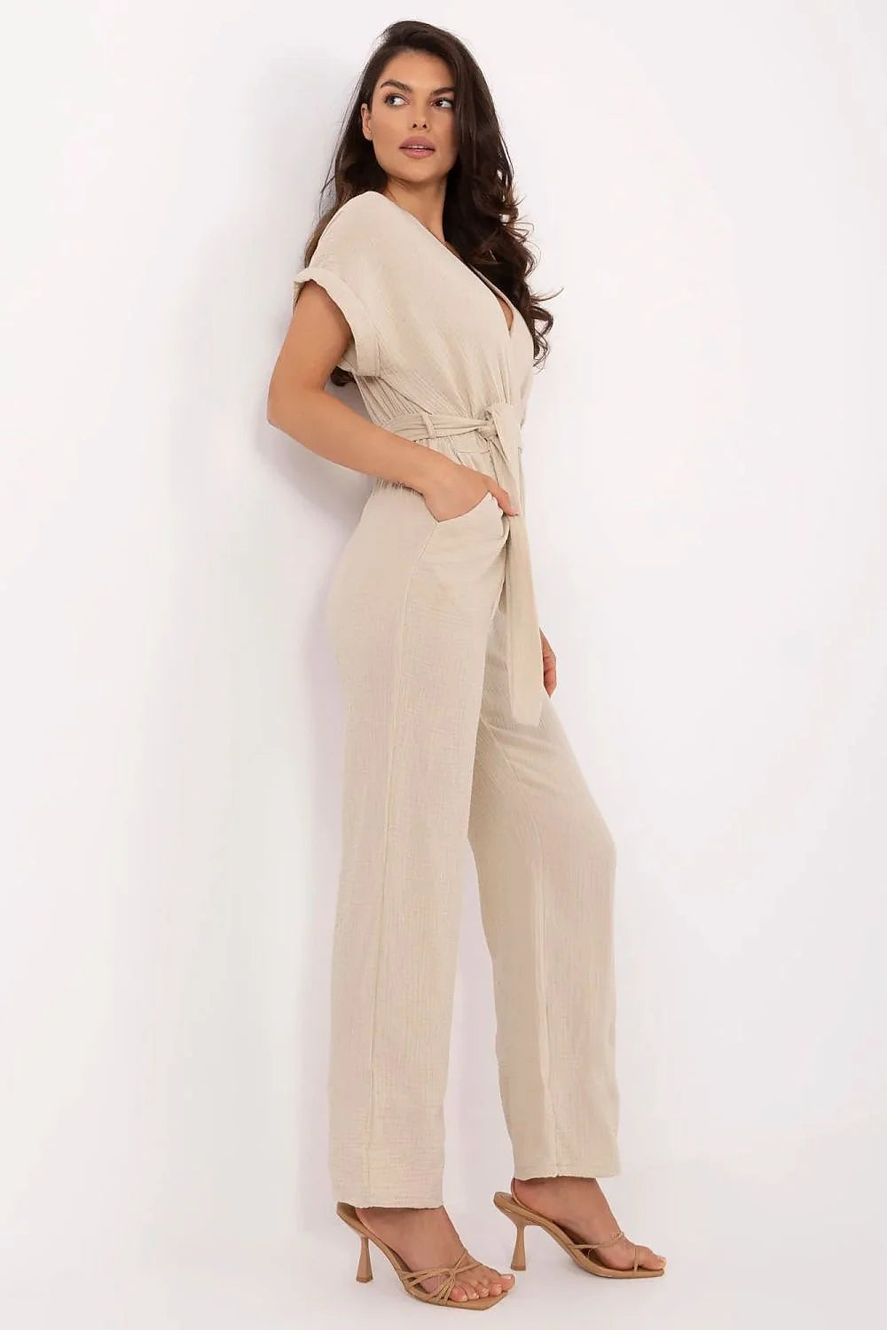 Combinaison pour femmes élégante longue manches courtes col V croisé beige clair ceinture nouée coupe fluide mode intemporelle