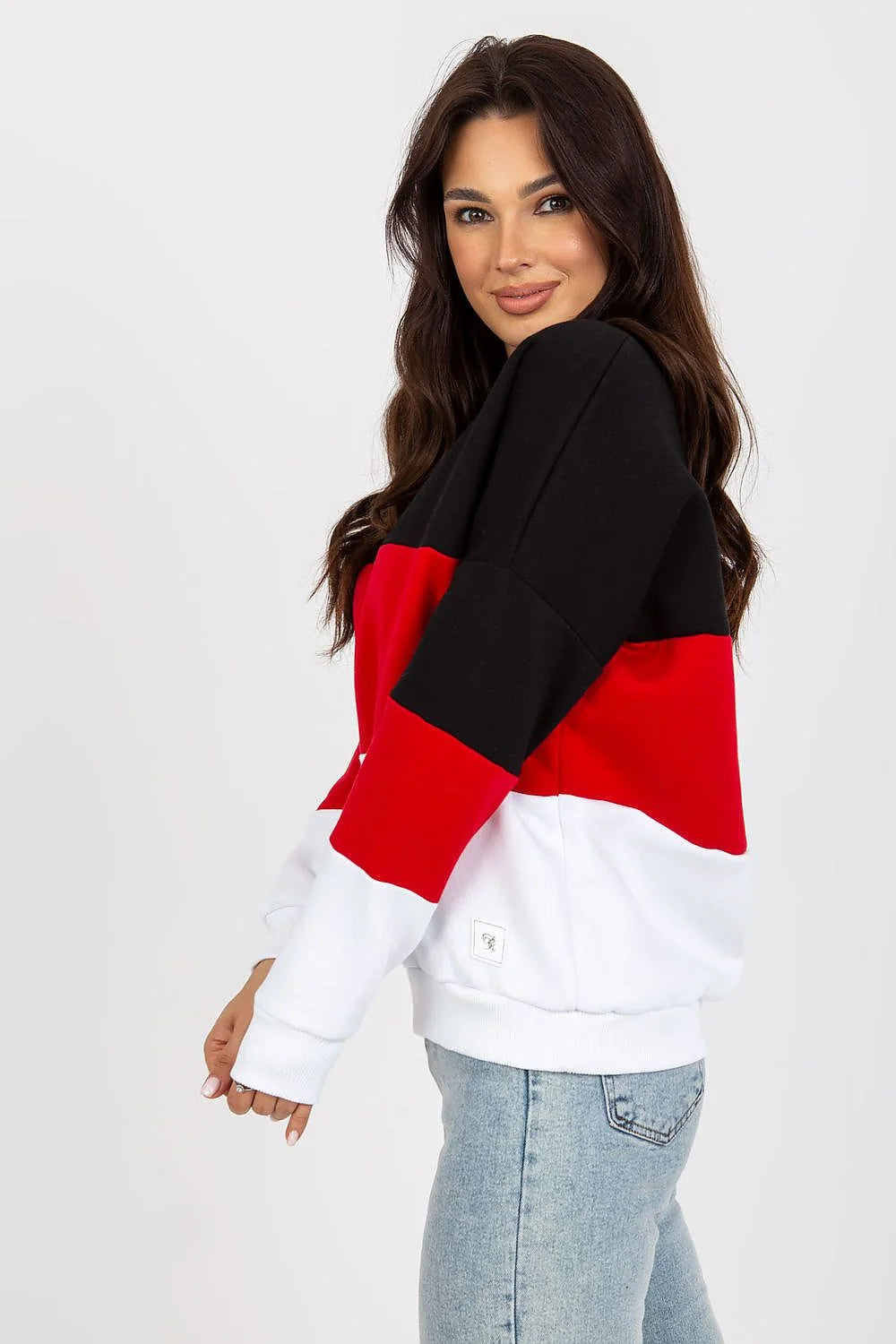 Sweatshirt femme color-block motif trois bandes manches longues encolure V coton doux coupe ample occasions quotidiennes mode tendance
