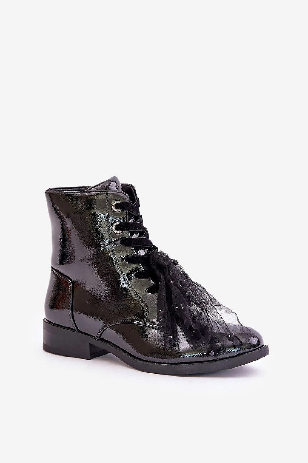 bottines femmes design contemporain cuir verni noir lacets décoratifs tulle microperles talon carré bas fermeture zippée rockchic confort