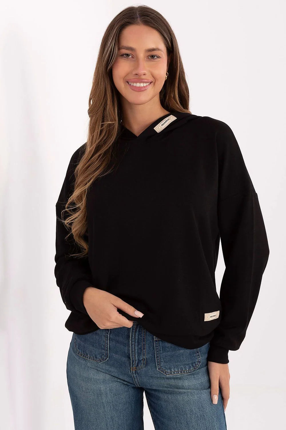 sweatshirt capuche femme noir décontracté oversize manches longues emmanchures tombantes molleton doux lisse viscose polyester elasthanne bordcotes poignets logos discrets