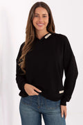 sweatshirt capuche femme noir décontracté oversize manches longues emmanchures tombantes molleton doux lisse viscose polyester elasthanne bordcotes poignets logos discrets