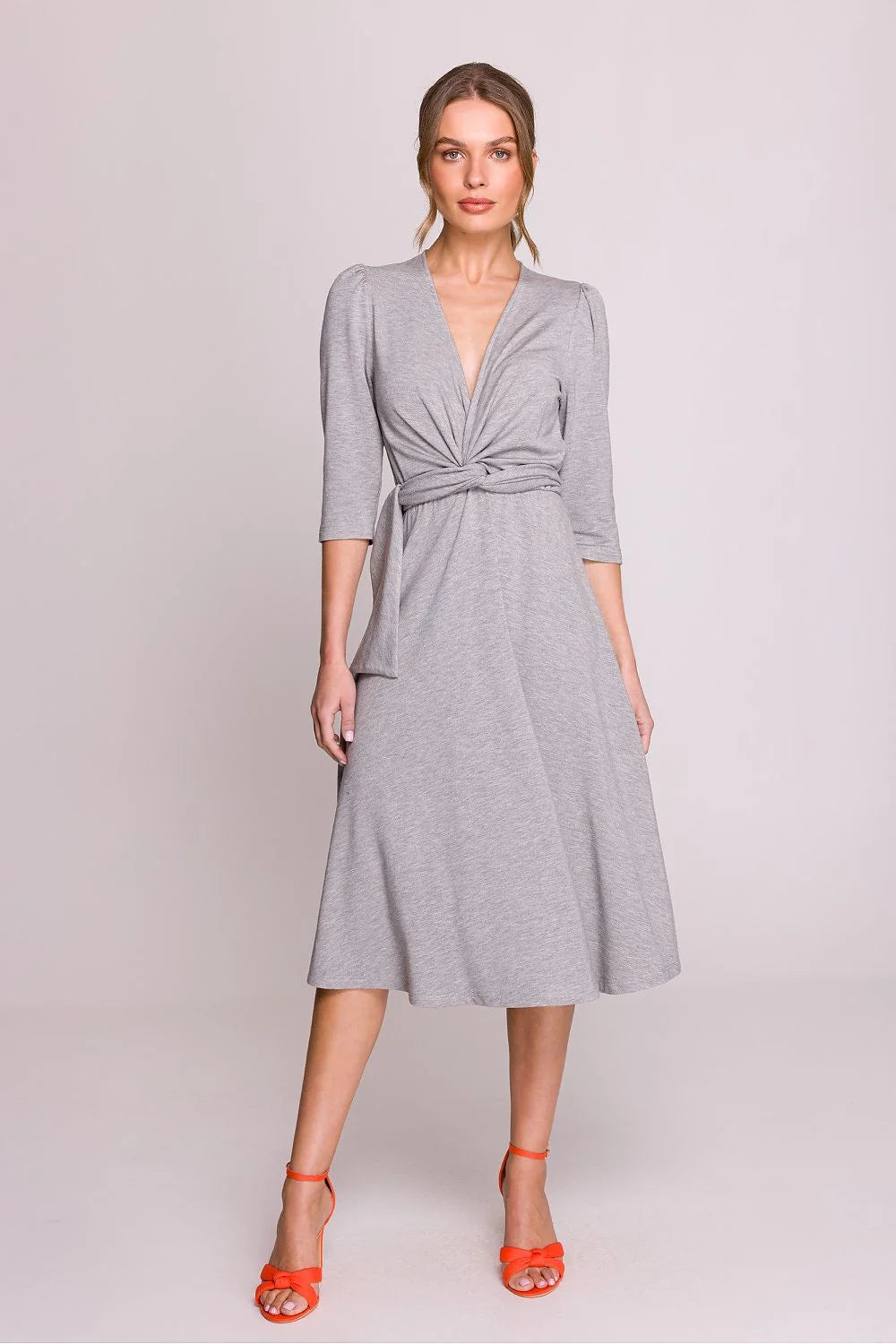 Robe femme style classique croisée en V col profond ceinture taille jersey gris 3/4 manches midi longueur ajustable