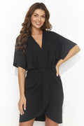 Robe de jour élégante Kimono noire encolure V profonde manches courtes amples dos scintillant taille ajustable femme style moderne
