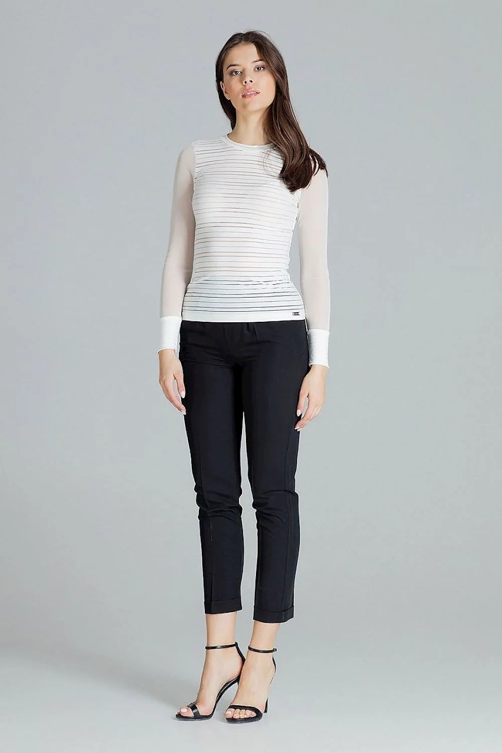 Haut moderne transparent manches longues en maille élégant blanc ajusté rayures pour tenues sophistiquées