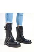 bottes femmes cuir écologique noir lisse biker mi mollet boucles métalliques sangles réglables talon 35mm semelle crantée fermeture éclair confort