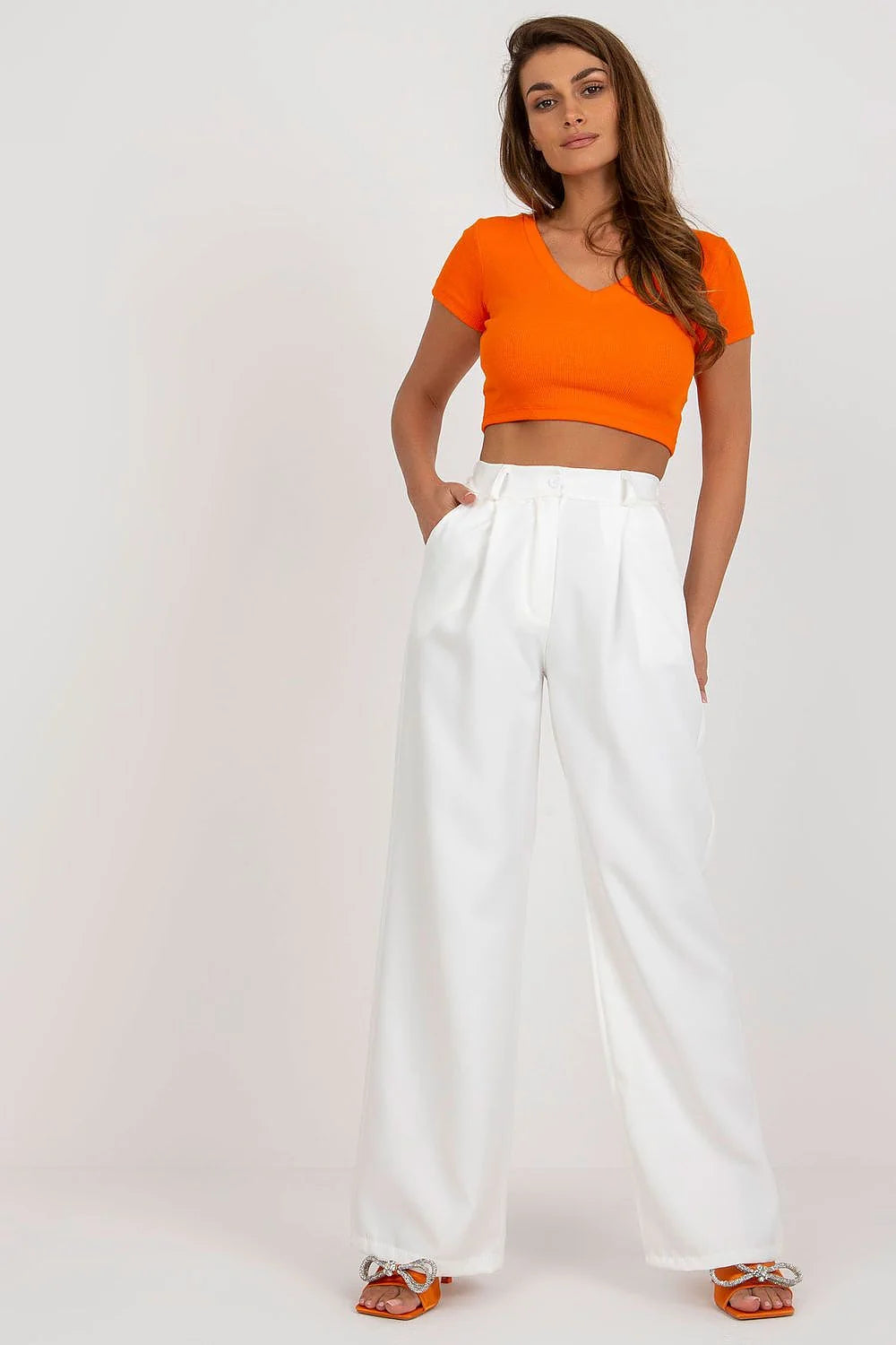 pantalon femme large taille haute pinces blanc palazzo fluide structuré longueur totale poches passants ceinture polyester stretch élégant estival moderne