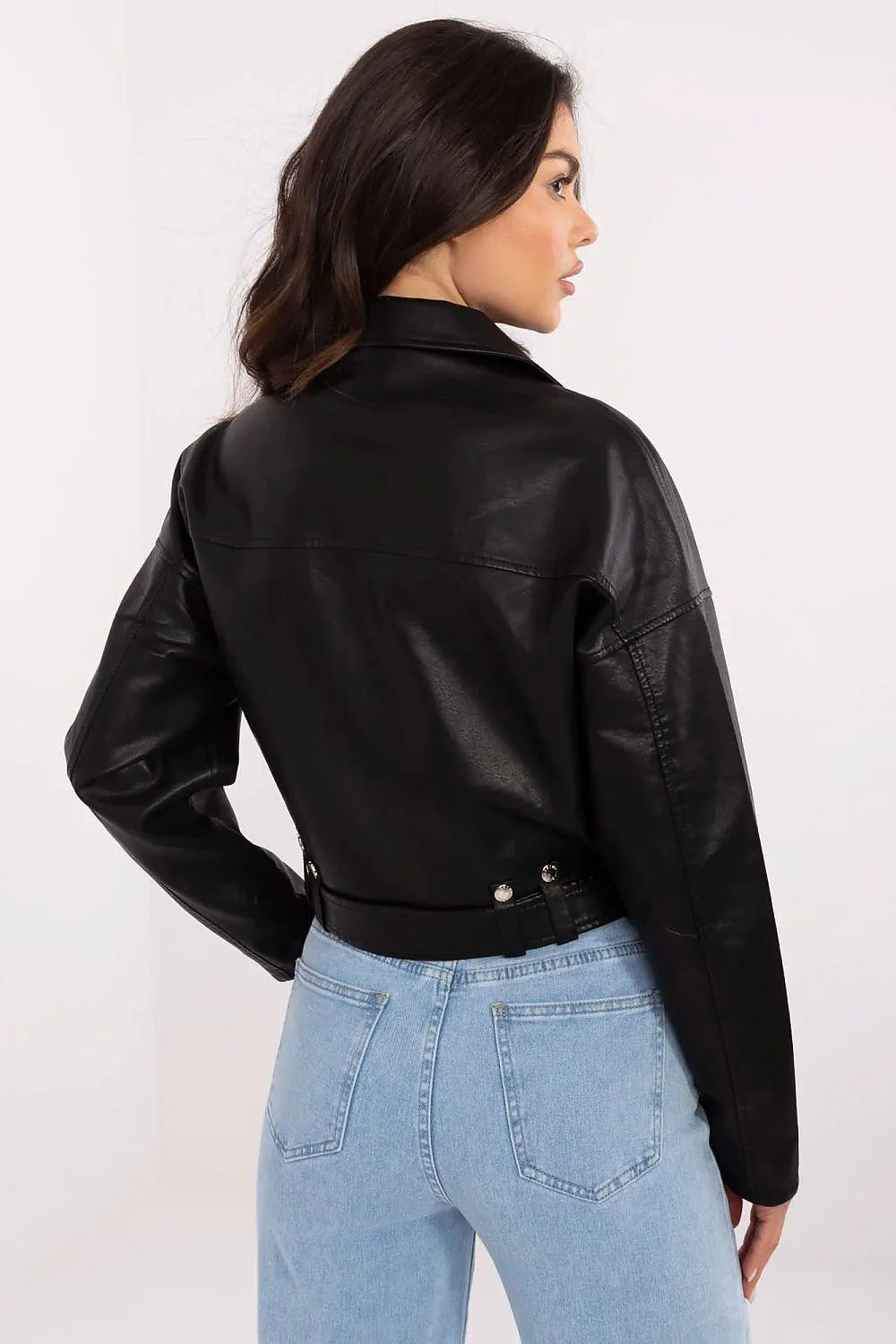Veste en simili-cuir noire style motard cropped col à revers manches longues ceinture intégrée femme