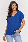 gilet tricot maille col V oversize ample boxy manches kimono courtes bleu roi uni bords côtes ourlet fin texturé respirant