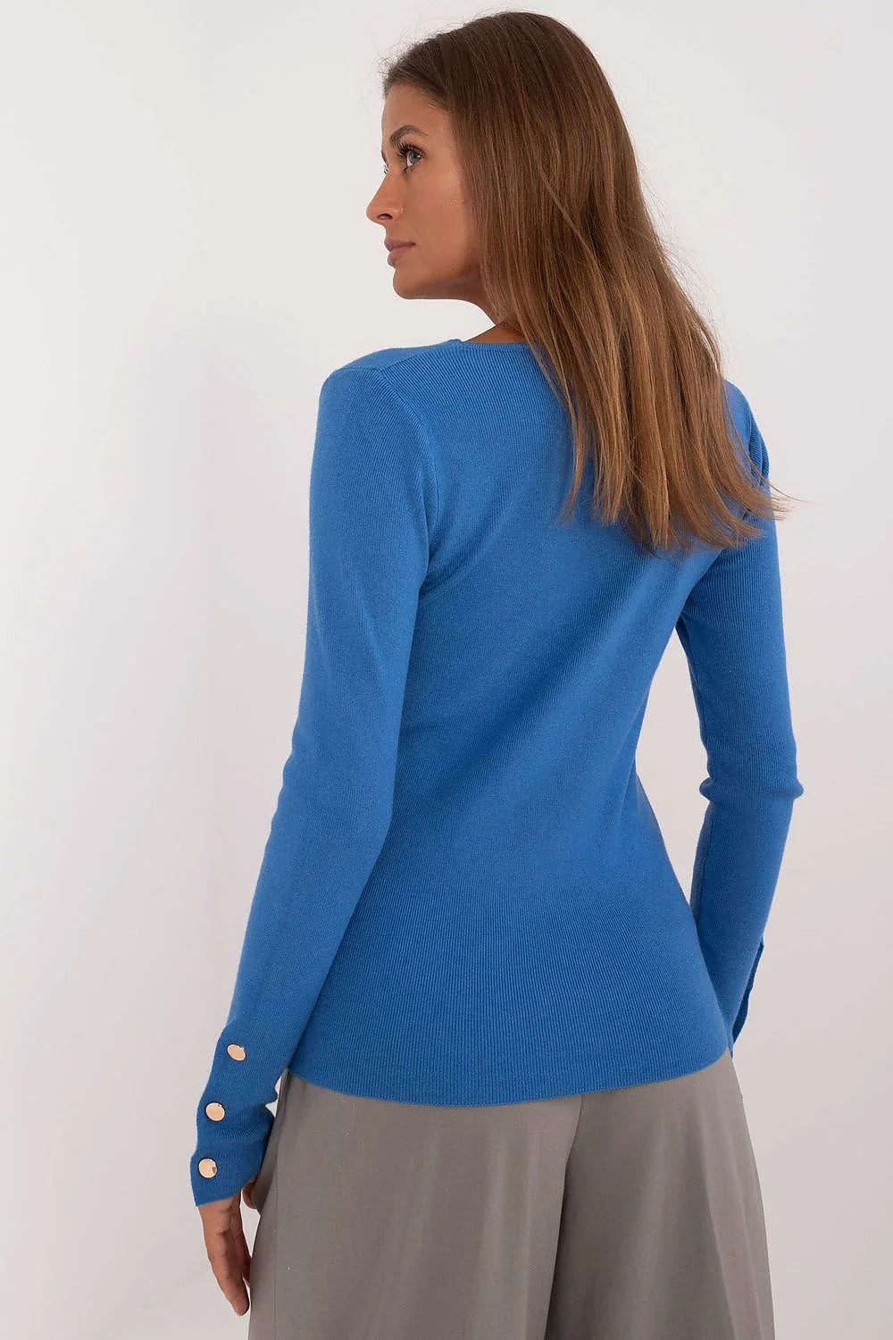 pull femme chandail ajusté manches longues encolure v bleu vif côtelée maille boutons dorés poignets extensible fin confortable