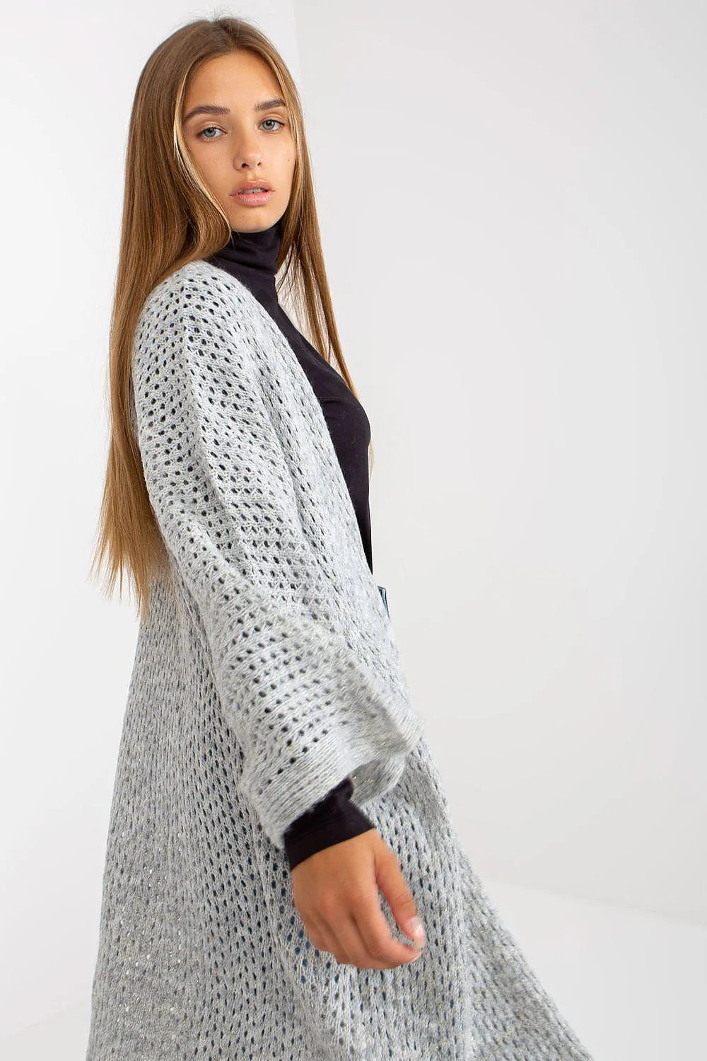 Cardigan long pour femme en tricot ajouré style bohème matières mixtes acrylique polyamide viscose laine