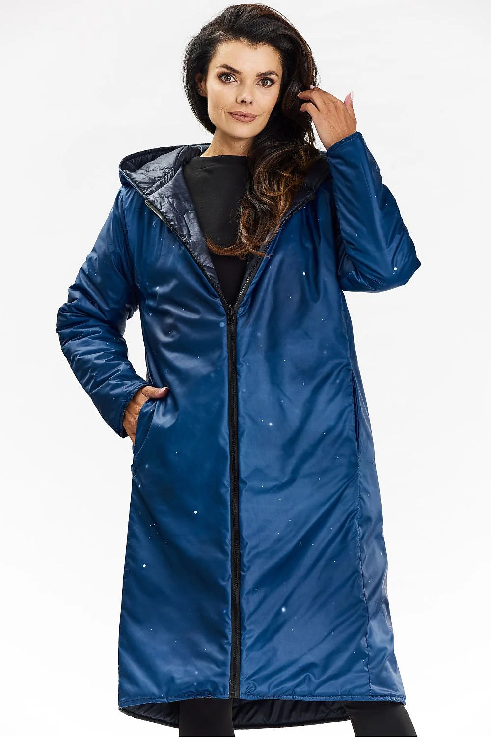 Manteau long pour femme à capuche double face en polyester coupe droite style élégant doublure bleue motif matelassé résistant aux intempéries poches latérales fermeture éclair