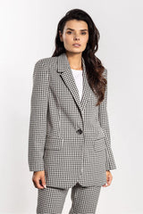blazer femme carreaux vichy noir oversize coupe droite col tailleur cranté fermeture bouton poches rabat manches longues structuré