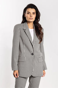 blazer femme carreaux vichy noir oversize coupe droite col tailleur cranté fermeture bouton poches rabat manches longues structuré