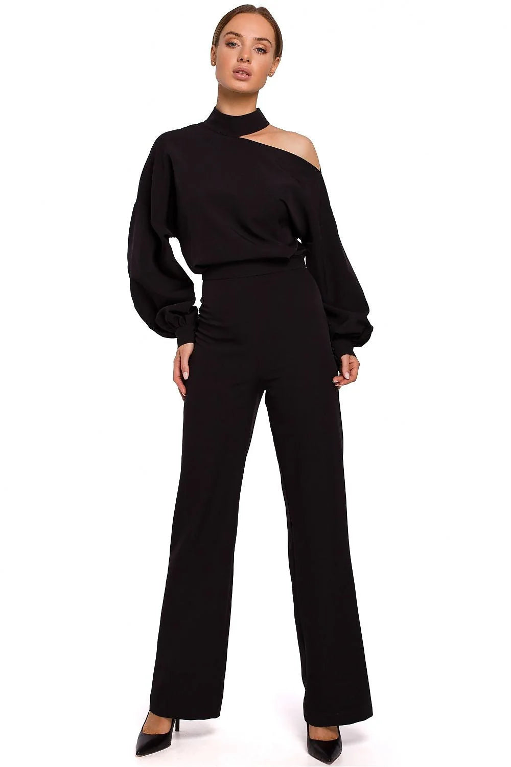 Combinaison pantalon rouge vif polyester femme moderne élégante manches longues épaules dénudées chic