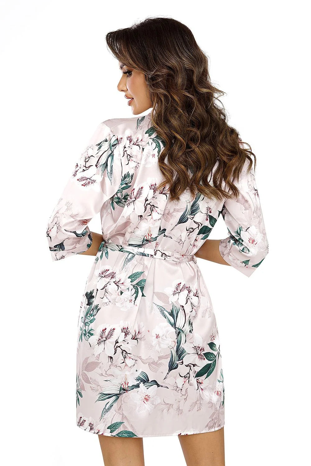 Peignoir féminin élégant en satin floral rose poudré manches 3/4 ceinture ajustable taille ajustable femmes