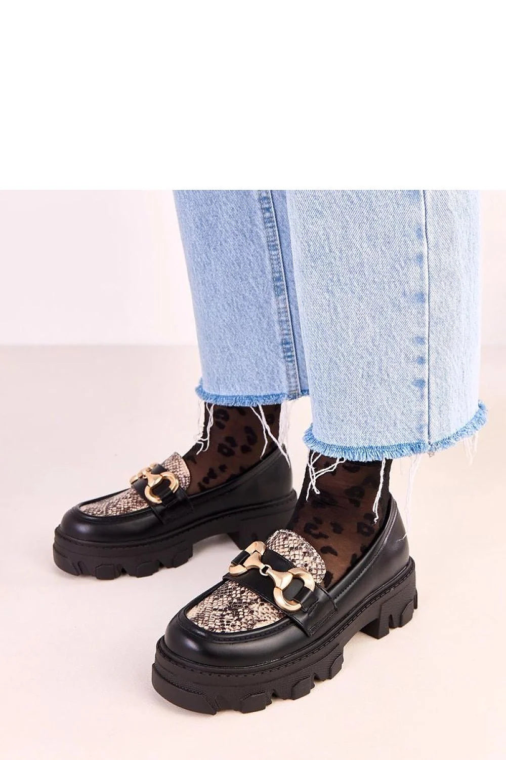 mocassins femme cuir écologique noir empiècement python mors doré plateforme chunky semelle crantée talon 45mm arrondi chaude confort élégant