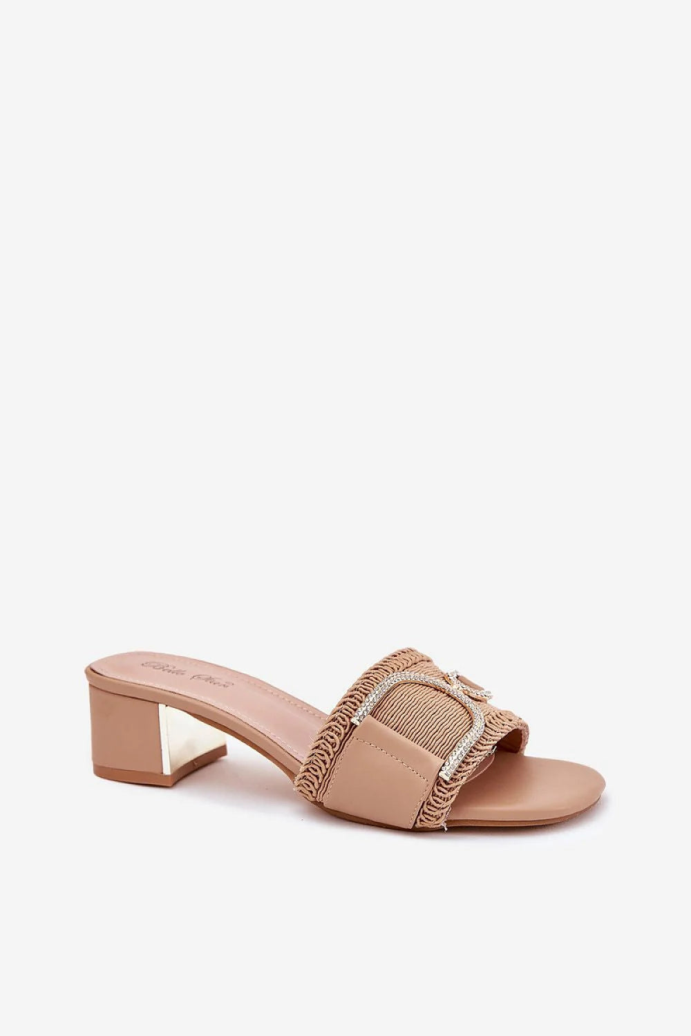Mules femmes ouvertes talon carré medium style chic détails strass cuir beige confortable occasion spéciale