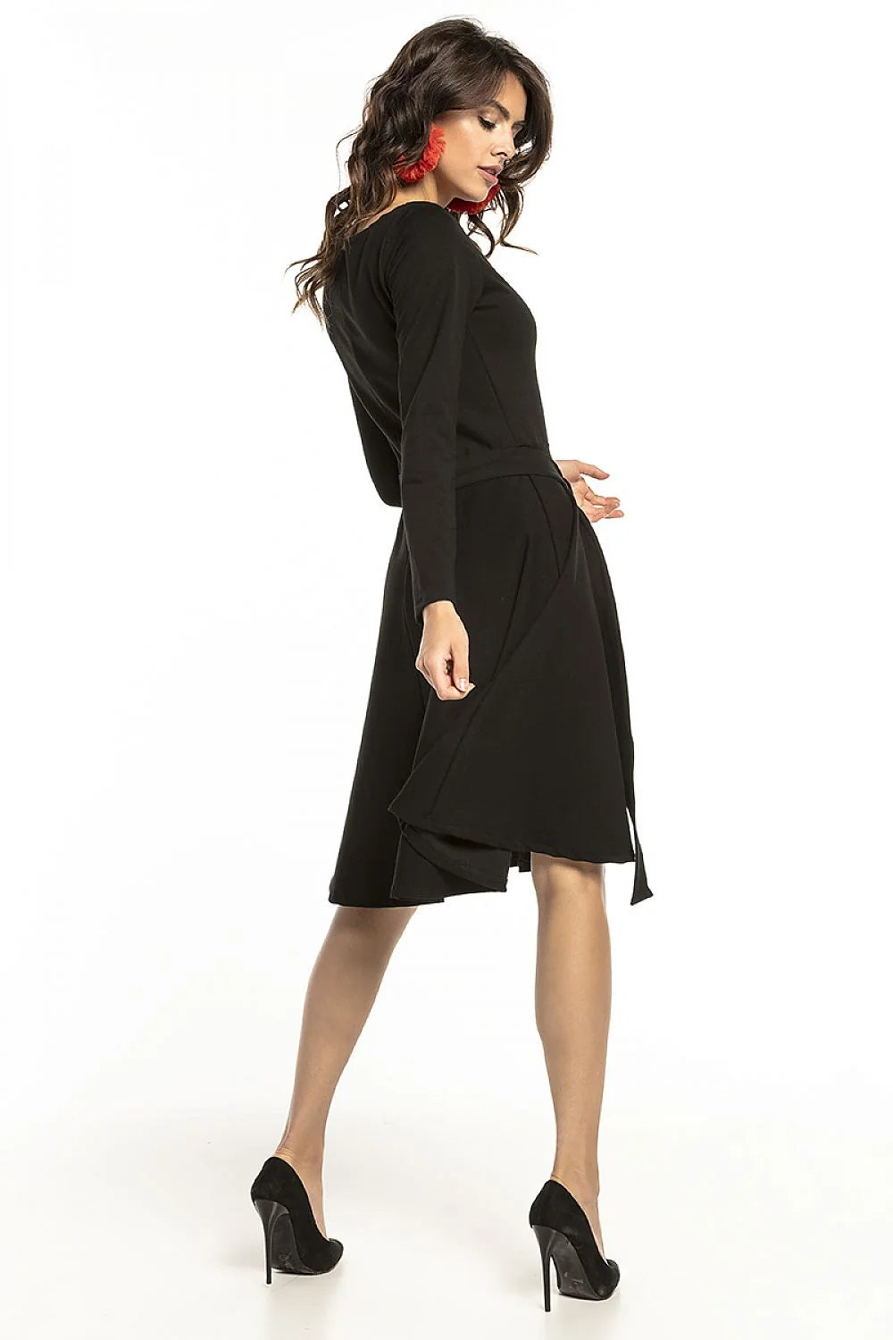 robe patineuse bleu roi femme manches longues encolure ronde taille cintrée jupe évasée plis volume tissu doux extensible coton élasthanne