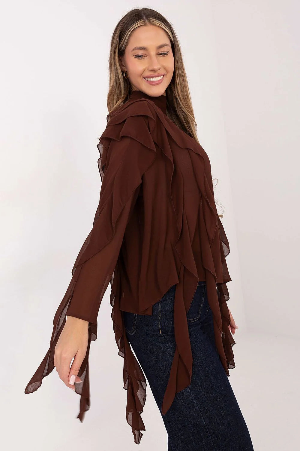 chemisier femme élégante col roulé manches longues viscose polyester doux extensible tombé fluide volants décoratifs romantique polyvalent soirée