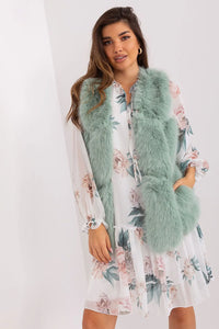 Robe romantique longue manches longues imprimé floral pastel veste sans manches fourrure faux vert menthe femme