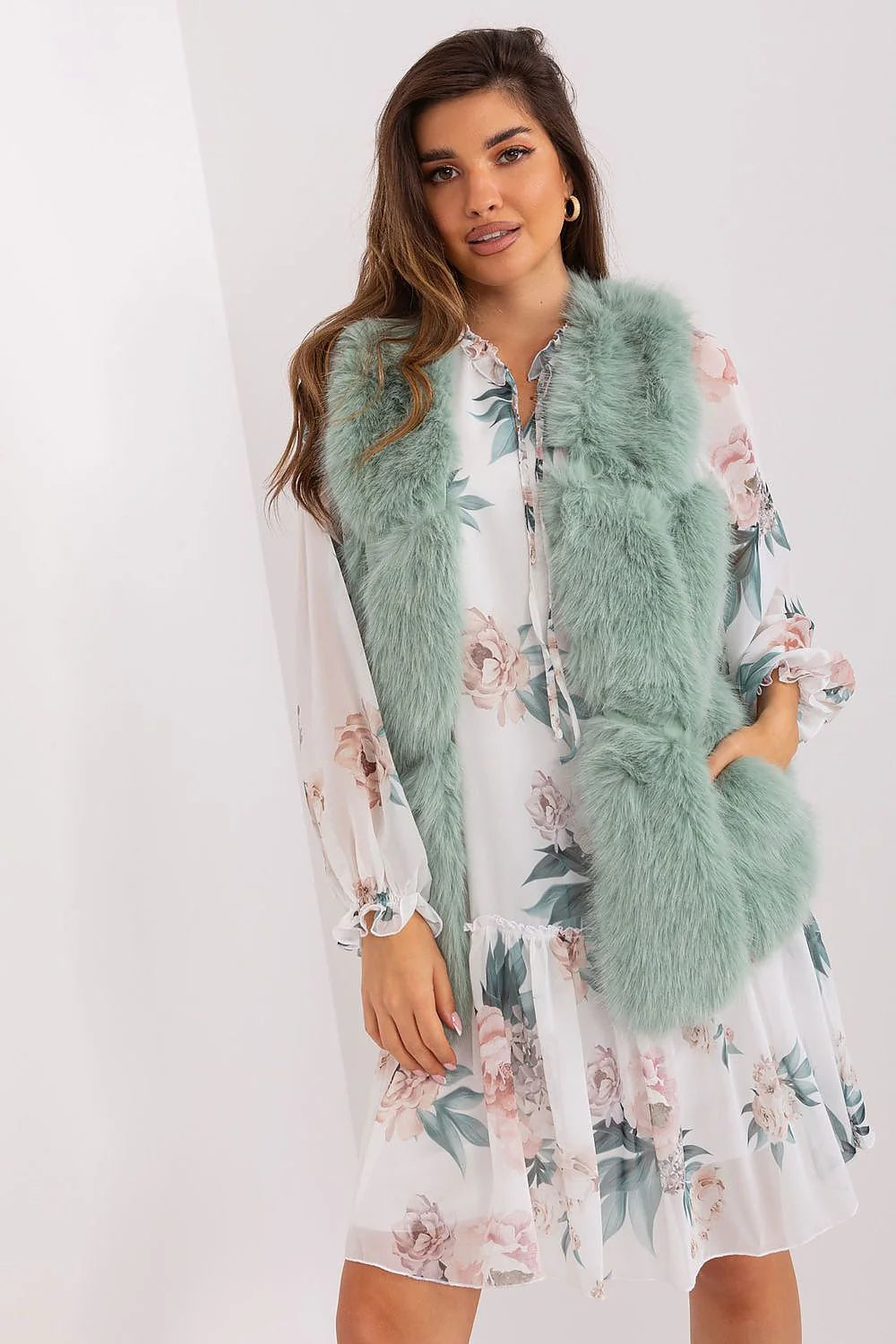 Robe romantique longue manches longues imprimé floral pastel veste sans manches fourrure faux vert menthe femme