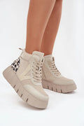 bottines montantes femme sportive vinceza cuir naturel plateforme légère crantée semelle lacets fermeture éclair rembourrée maintien suède imprimé léopard écru