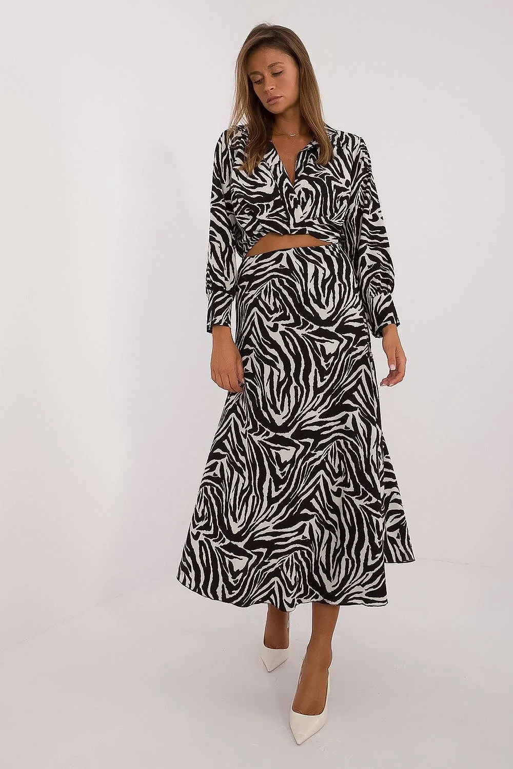 Ensemble féminin Italy Moda élégant imprimé zèbre noir blanc manches longues jupe longue évasée