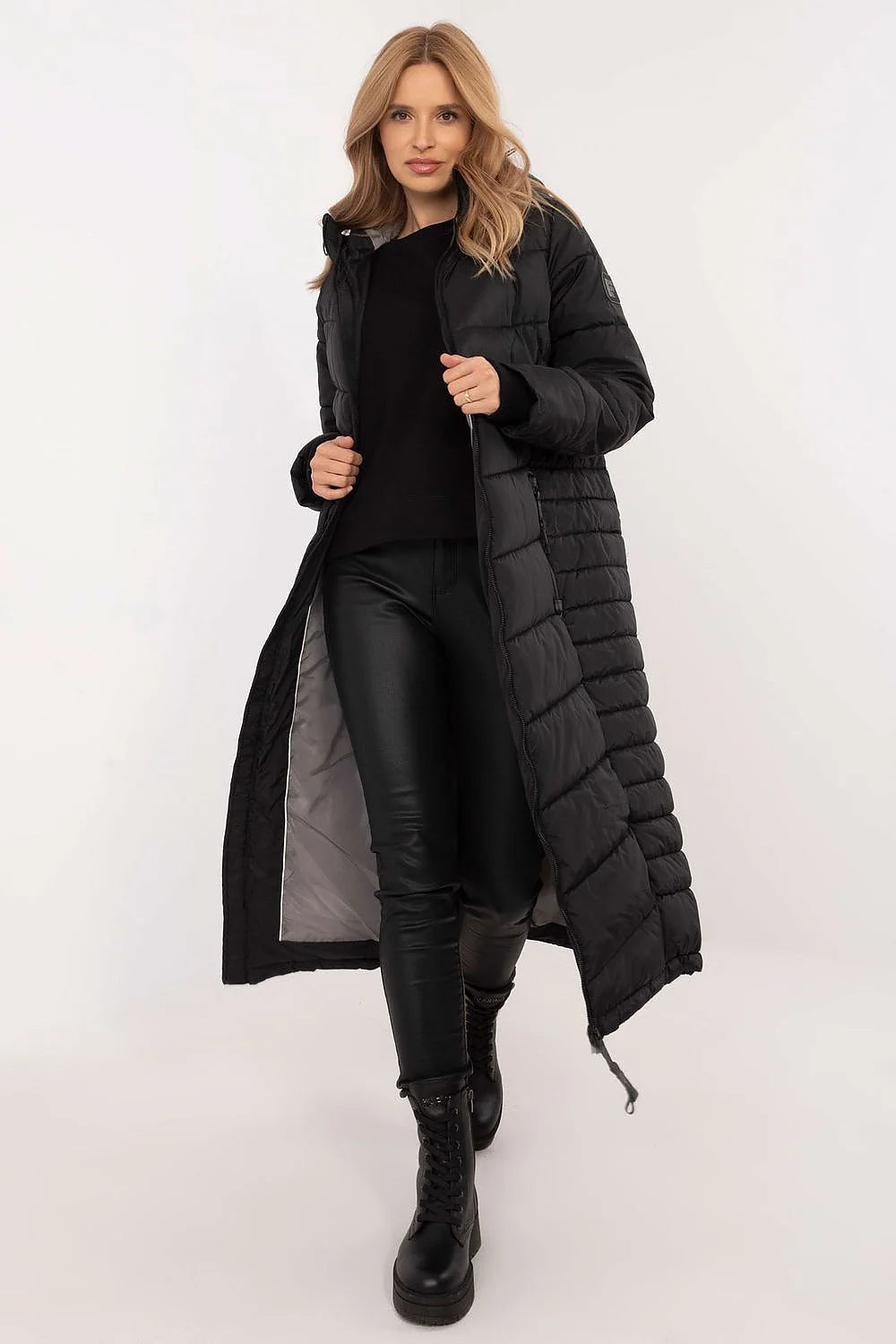 Veste longue pour femme élégante et confortable automne hiver polyester synthétique matelassé noir coupe droite
