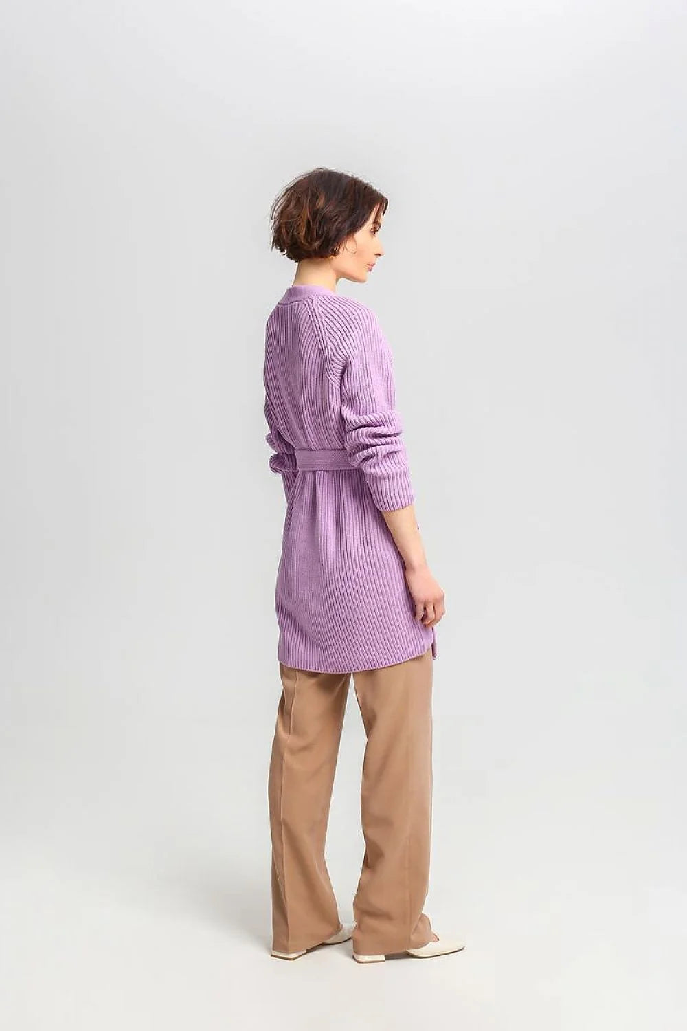 Cardigan pour femme long manches longues style élégant décontracté violet pastel côtelé ceinture à nouer poches S/M L/XL