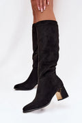 bottes hautes suédine écologique noires genou bout amande pointues froncées silhouette élancée talon bloc moyen doré miroir fermeture éclair pratique