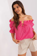 Chemisier femme style bohème rose vif coton broderie anglaise épaules nues manches courtes robe été