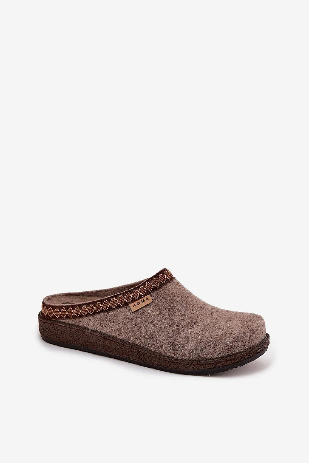 chaussons femmes Inblu feutre laine taupe mules intérieur bout arrondi bordure broderie marron etiquette HOME semelle souple antidérapante
