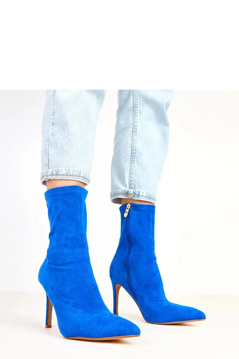 bottines femme cuir suédé écologique bleu cobalt bout pointu talon colonne haut tige mi mollet fermeture éclair dorée