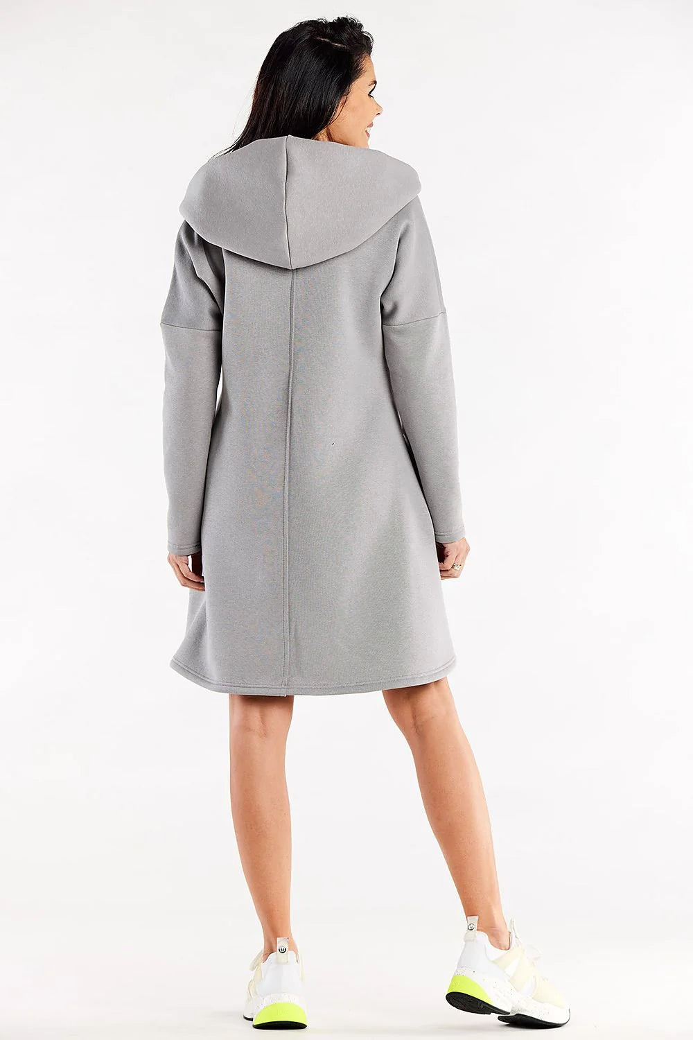 Robe-pull à capuche pour femme, robe trapèze ample, manches longues, capuche volumineuse, poches latérales, tissu coton polyester, style moderne décontracté, robe grise polyvalente