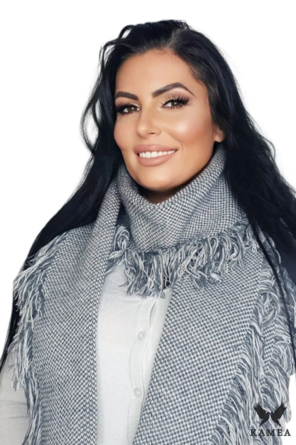 Châle Kamea pour femme en laine motifs gaufrés franges couleurs variées fabriqué en Pologne accessoire mode automne hiver