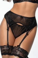 lingerie sexy élégante corset intégré bretelles ajustables tulle transparent noir taillehaute broderie florale délicate noeuds satinés attaches dorées coupe échancrée